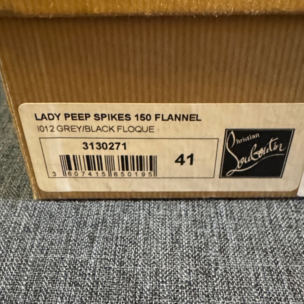 Christian Louboutin Lady Peep Spikes 150 Grey/Black Floque Peep Toe Heels - Picture 7 of 7